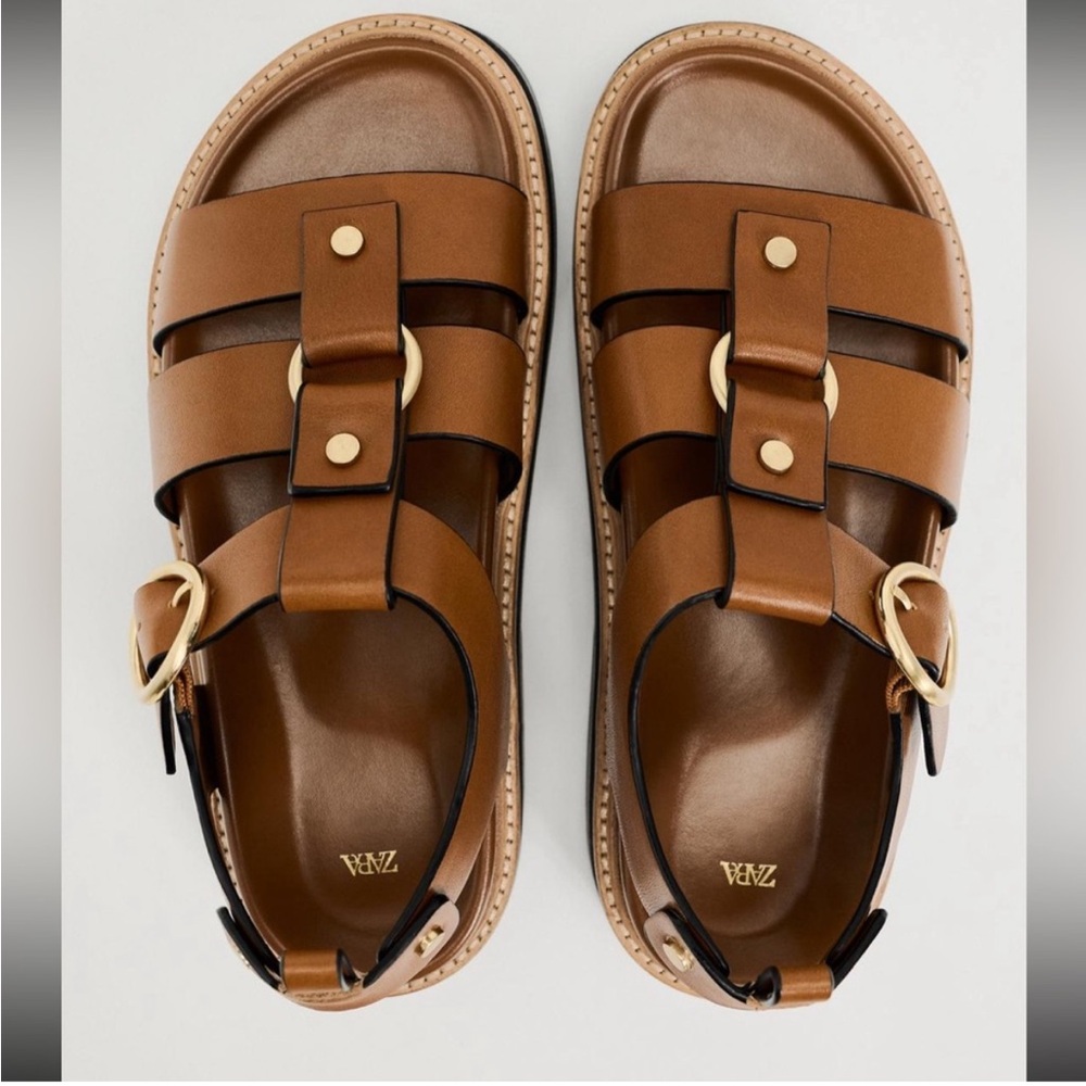 Zara leather chunky gladiator buckle sandals caramel brown tan size 37 NWT